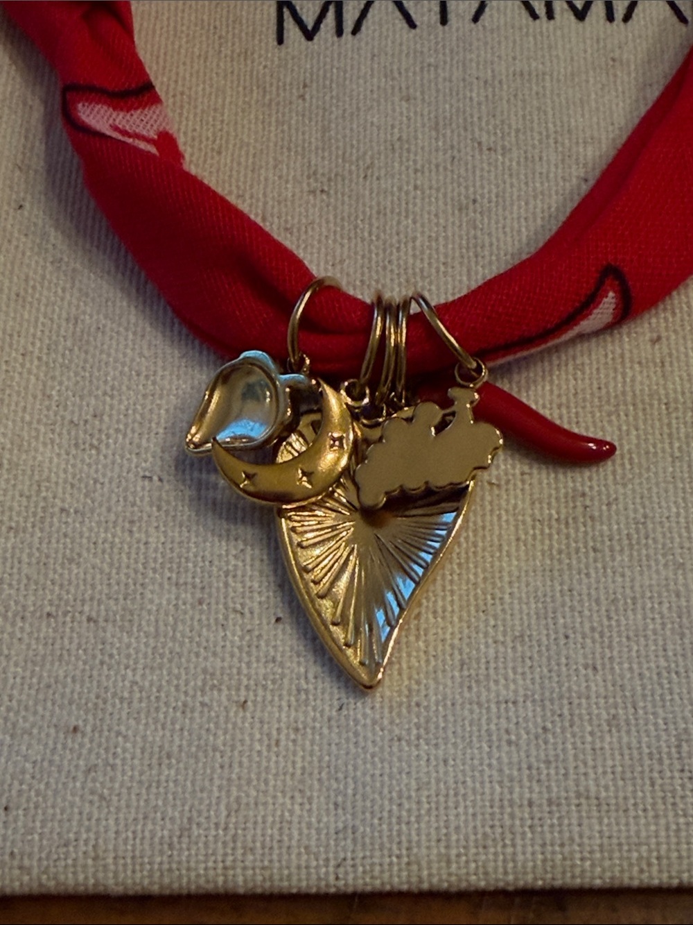 Mayamar BOHO Red Bandana Charm Necklace with 24KT dipped Gold Heart Pendant - Picture 4 of 4